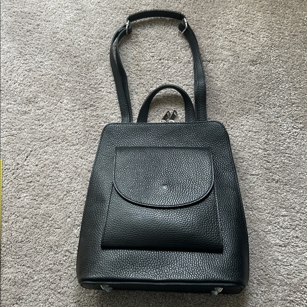 Black Leather Backpack, 11 x 9, inside side zipper broken, handle or backpack